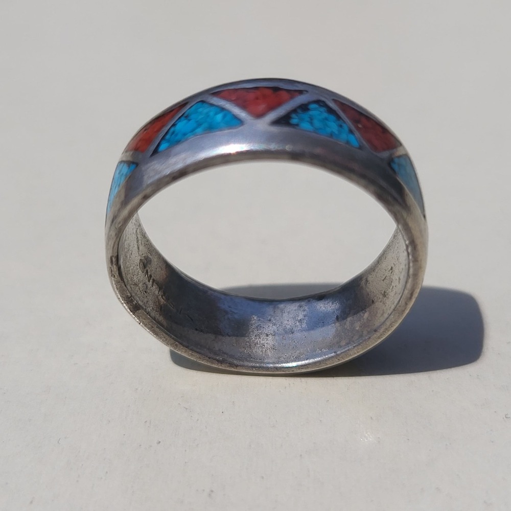 Vintage Sterling Silver Turquoise Coral Inlay Triangle Band Ring Size 7 Blue - Picture 3 of 8